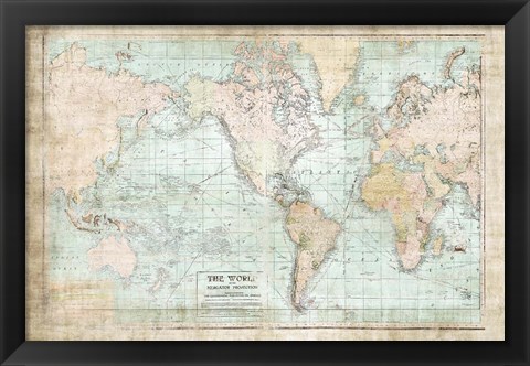 Framed World Map Vintage 1913 Print