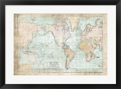 Framed World Map Vintage 1913 Print