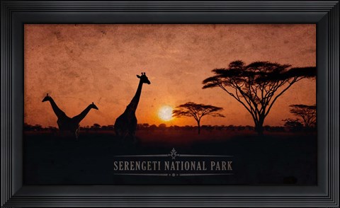 Framed Vintage Sunset with Giraffes in Serengeti National Park, Africa Print