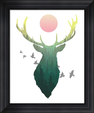 Framed Green Ombre Forest in Stag Silhouette Print