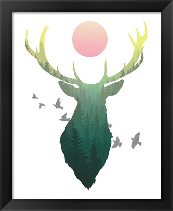 Framed Green Ombre Forest in Stag Silhouette Print