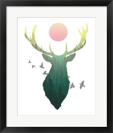 Framed Green Ombre Forest in Stag Silhouette Print