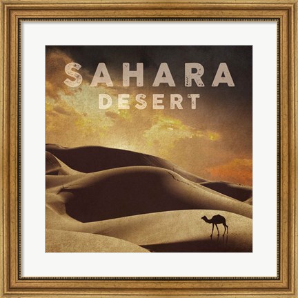 Framed Vintage Sahara Desert with Sand Dunes and Camel, Africa Print