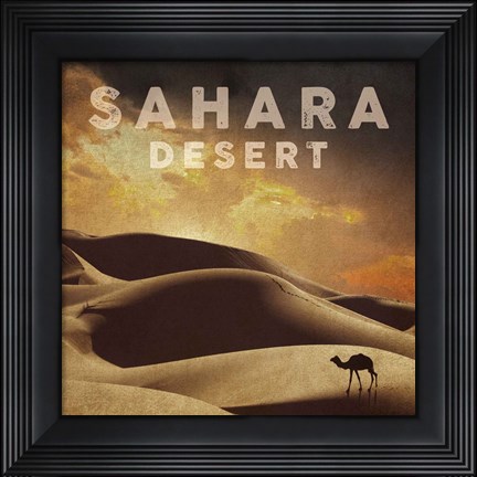 Framed Vintage Sahara Desert with Sand Dunes and Camel, Africa Print