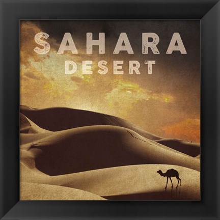 Framed Vintage Sahara Desert with Sand Dunes and Camel, Africa Print