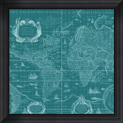 Framed Blueprint World Map, teal Print