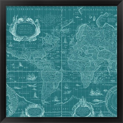 Framed Blueprint World Map, teal Print