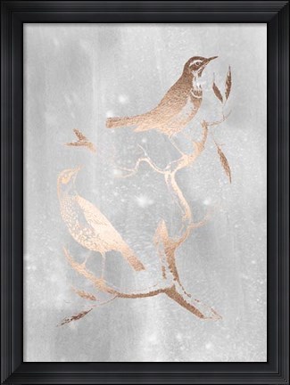 Framed Rose Gold Foil Birds I on Grey Wash Print
