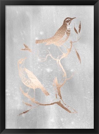 Framed Rose Gold Foil Birds I on Grey Wash Print