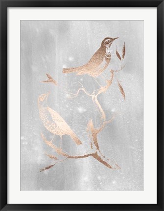 Framed Rose Gold Foil Birds I on Grey Wash Print