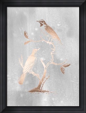 Framed Rose Gold Foil Birds II on Grey Wash Print