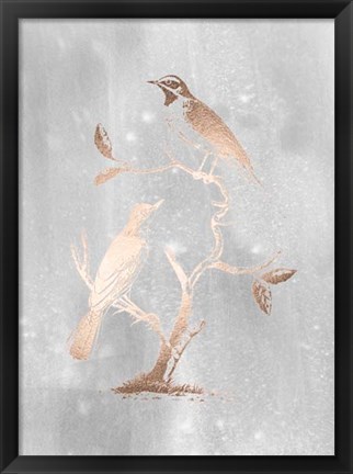 Framed Rose Gold Foil Birds II on Grey Wash Print