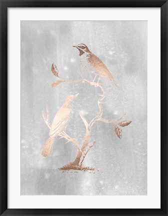 Framed Rose Gold Foil Birds II on Grey Wash Print