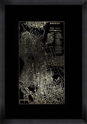 Framed Gold Foil City Map Boston on Black Print