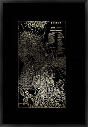 Framed Gold Foil City Map Boston on Black Print