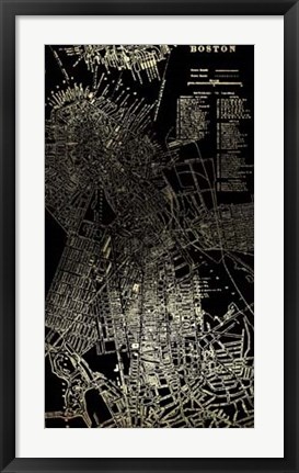 Framed Gold Foil City Map Boston on Black Print