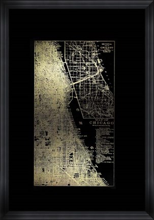 Framed Gold Foil City Map Chicago on Black Print