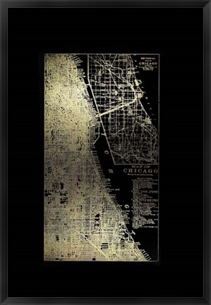 Framed Gold Foil City Map Chicago on Black Print