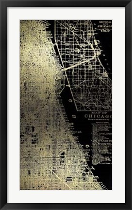 Framed Gold Foil City Map Chicago on Black Print