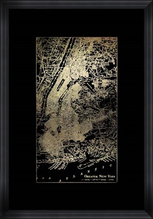 Framed Gold Foil City Map New York on Black Print