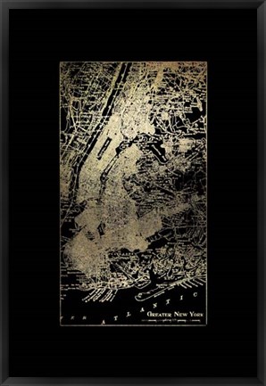 Framed Gold Foil City Map New York on Black Print