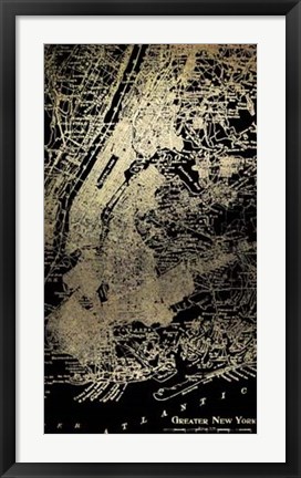 Framed Gold Foil City Map New York on Black Print
