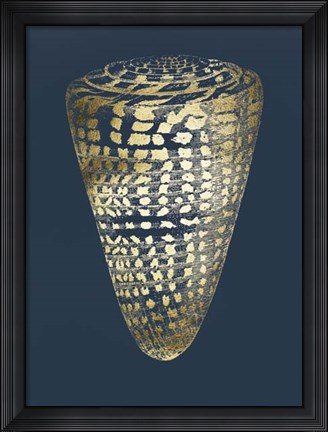 Framed Gold Foil Shell I on Cobalt Print