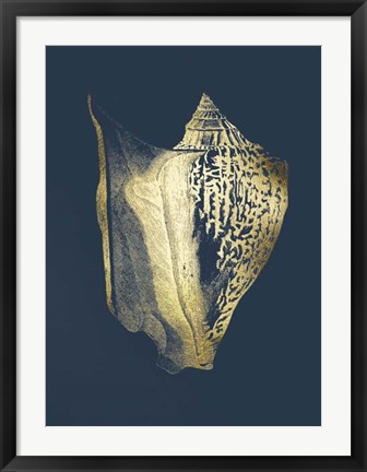 Framed Gold Foil Shell III on Cobalt Print