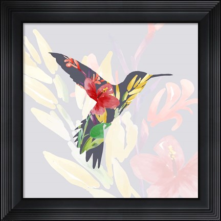 Framed Grey Floral Hummingbird Print