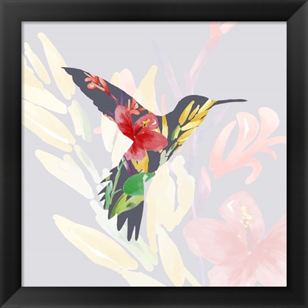 Framed Grey Floral Hummingbird Print