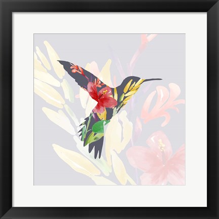 Framed Grey Floral Hummingbird Print