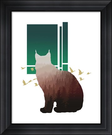Framed Red Ombre Forest in Bobcat Silhouette Version 2 Print