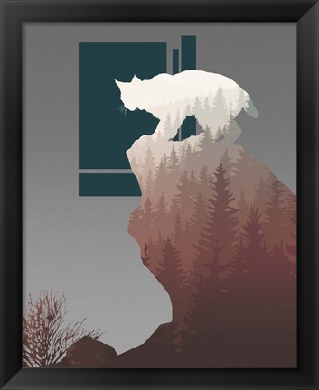 Framed Red Ombre Forest in Bobcat Silhouette Print