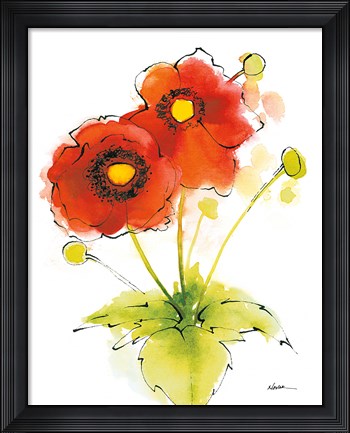 Framed Flores Rojas Green Leaves I Print
