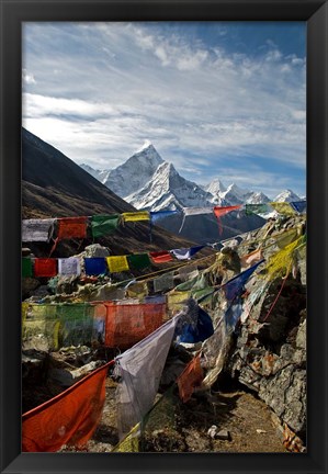 Framed Prayer flags, Everest Base Camp Trail, peak of Ama Dablam, Nepal Print