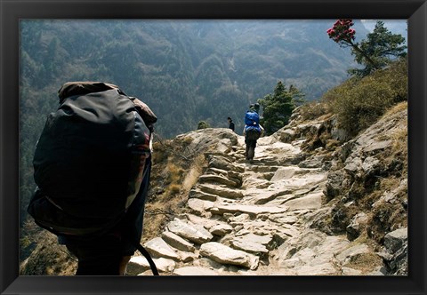 Framed Trekkers on the trail towards Namche Bazaar, Khumbu, Nepal Print