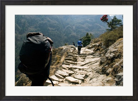 Framed Trekkers on the trail towards Namche Bazaar, Khumbu, Nepal Print