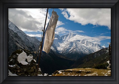 Framed Prayer flags on ridge above Dole, peak of Ama Dablam, Nepa, Print