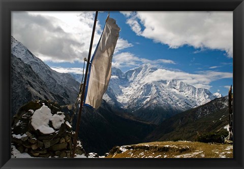 Framed Prayer flags on ridge above Dole, peak of Ama Dablam, Nepa, Print