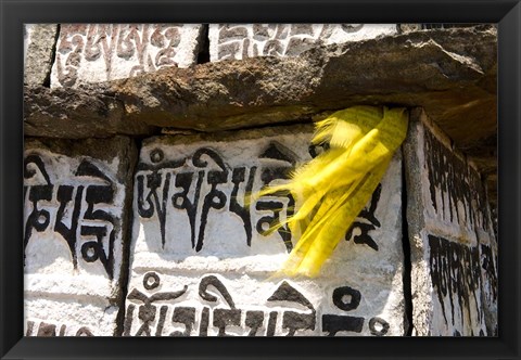 Framed Prayer flag and Mani Stones, Buddhist Mantras, Khumbu, Nepal Print