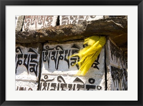 Framed Prayer flag and Mani Stones, Buddhist Mantras, Khumbu, Nepal Print