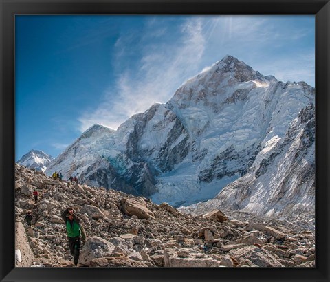 Framed Trekkers and porters on a trail, Khumbu Valley, Nepal Print