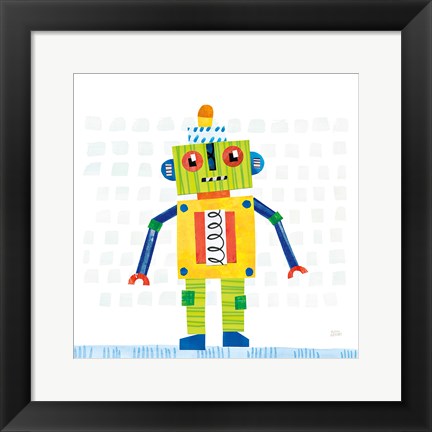 Framed Robot Party IV on Squares Print