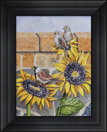 Framed House Sparows with Sunflowers Print
