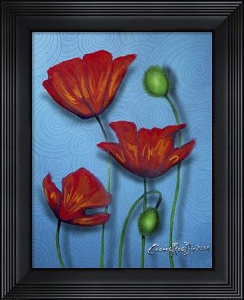 Framed Red Poppies on Blue Print