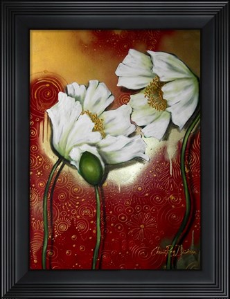 Framed White Poppies on Red Print
