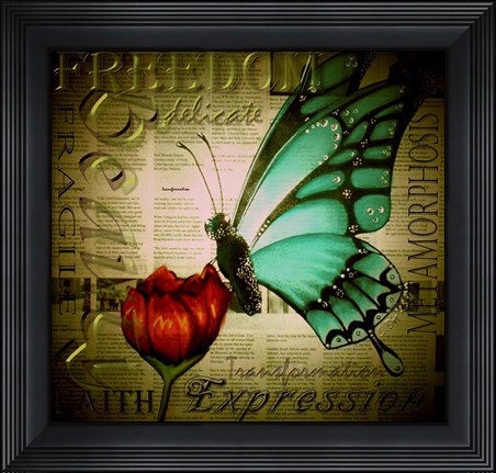 Framed Butterfly on Flower with Words Print