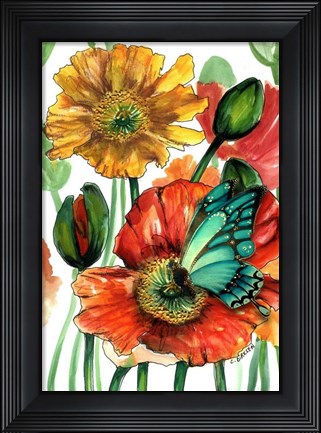 Framed Poppies and Blue Butterfly Print