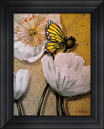 Framed White Poppy with Butterfly Print