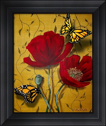 Framed Red Poppies With Yellow Butterflies Print